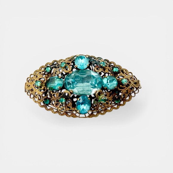 Antique Jewelry - Vintage Czech Aqua Rhinestone Brooch Art Deco 1930s, Ornate Brass Filigree Oval